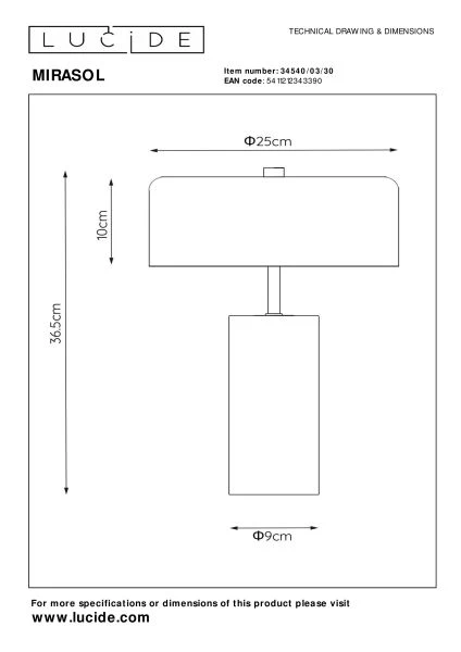 Lucide MIRASOL - Tischlampe - Ø 25 cm - 3xG9 - Schwarz - technisch